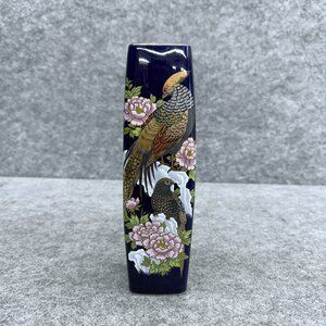 Vintage Japanese Kutani Style Vase 9.5" Cobalt Blue Gold Pheasants Pink Peonies